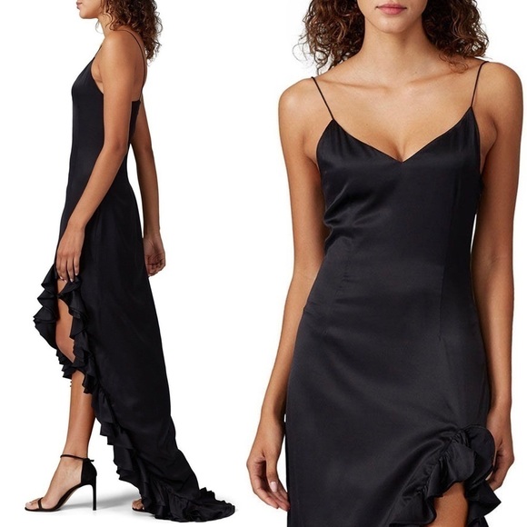 CAROLINE CONSTAS Silk V-Neck Sleeveless Ruffle Hem Ruched Side Slit Maxi Gown M - Picture 2 of 7